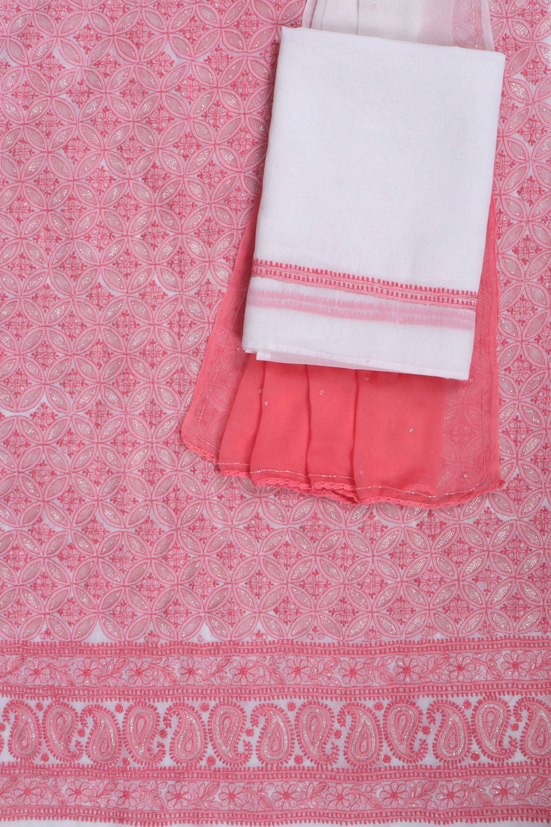 Ada Hand Embroidered White Cotton Lucknowi Chikankari Unstitched Suit Piece With Cutdana Work 01A204484