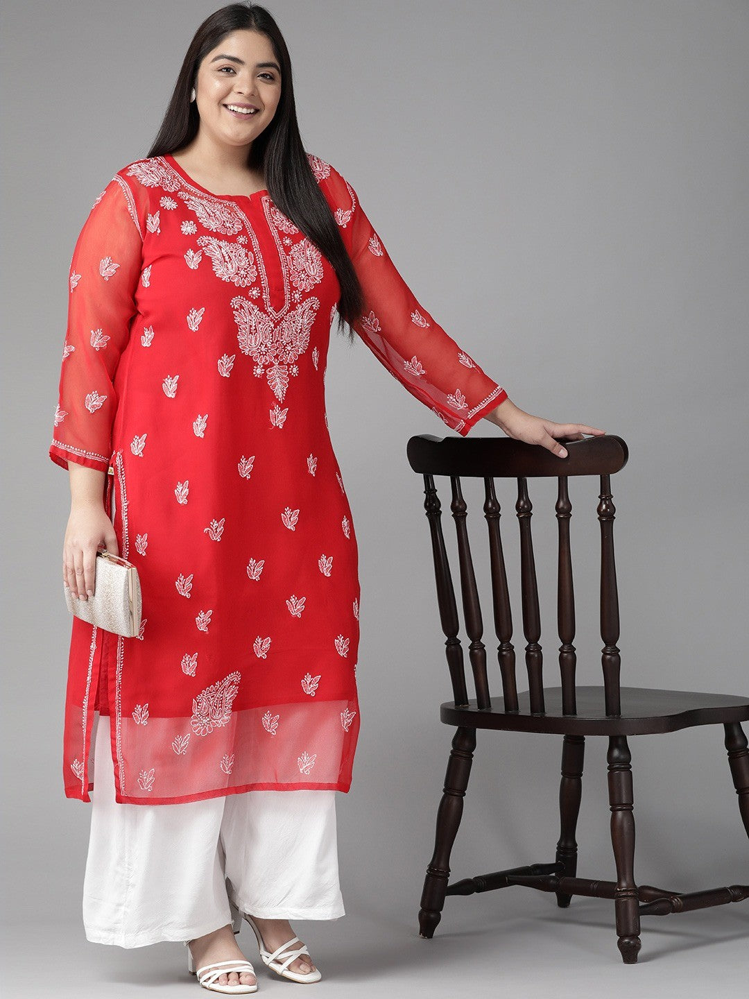 Ada Hand Embroidered Red Georgette Lucknowi Chikankari Straight Kurta With Slip A411289