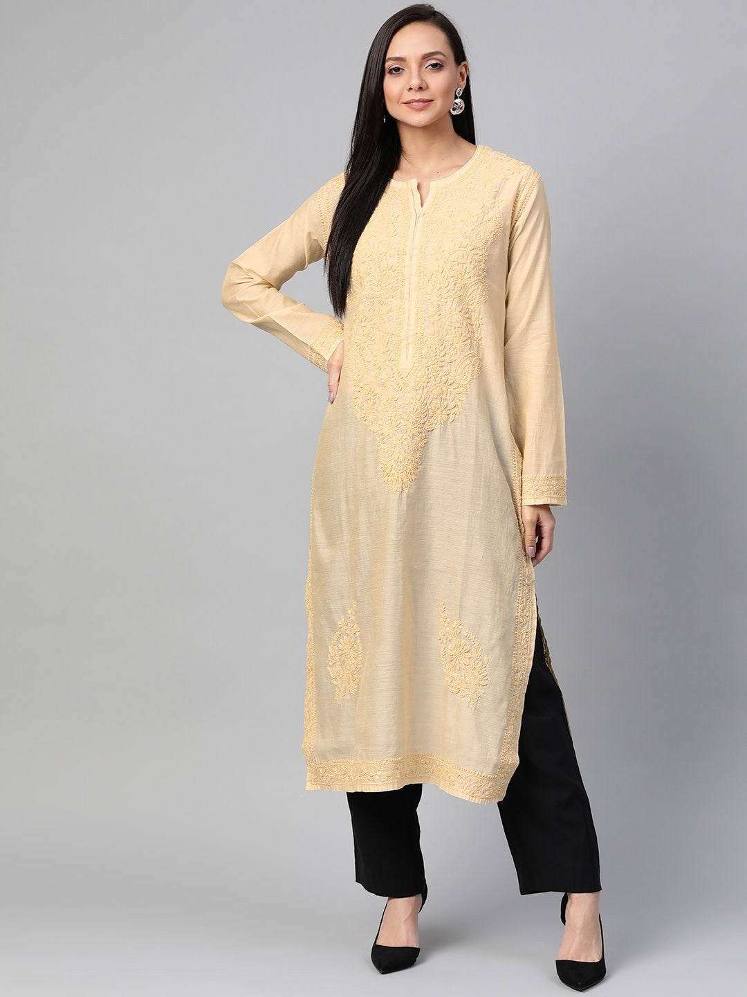 Ada Hand Embroidered Fawn Chanderi Lucknowi Chikankari Straight Kurta A100482
