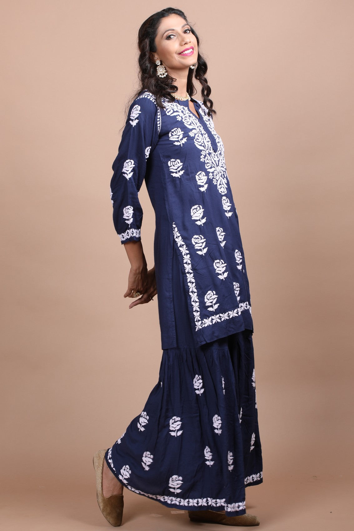 Ada Hand Embroidered Navy Blue Cotton Lucknowi Chikankari Kurta With Plazzo Set 01A206994