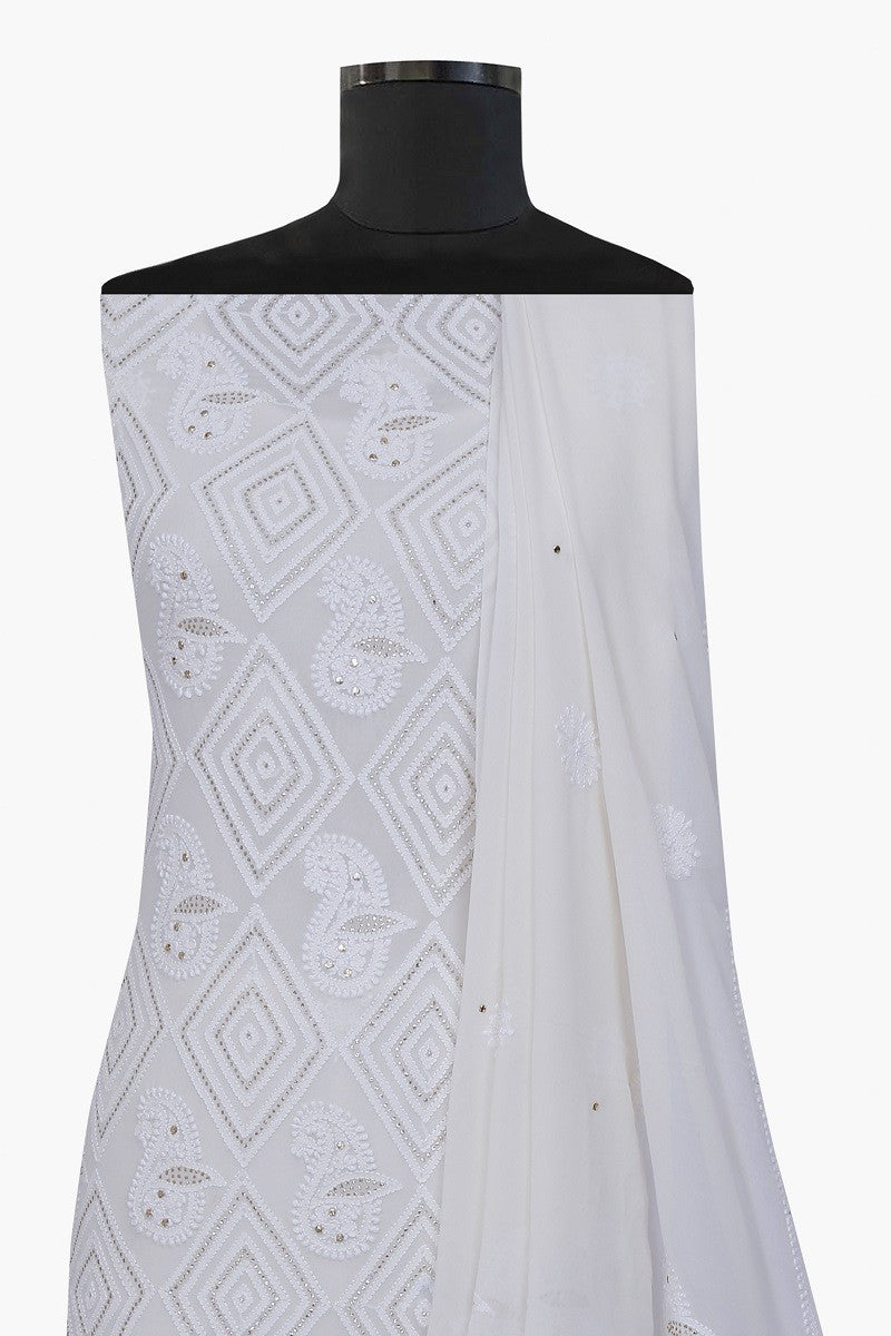 Ada Hand Embroidered White Pure Georgette Chikan Unstitched Kurta Dupatta Set- A589417