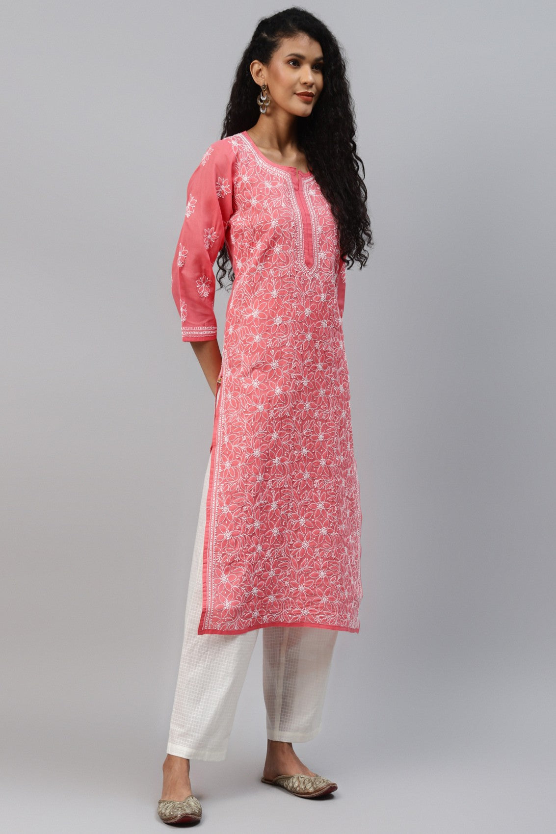 Ada Hand Embroidered Carrot Pink Cotton Lucknowi Chikankari Straight Kurta A411210