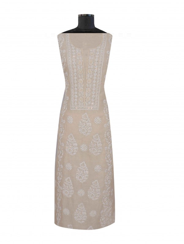 Ada Hand Embroidered Natural Fawn Tissue Lucknowi Chikankari Unstitched Kurta Dupatta Set With Pearl Work 01A193516