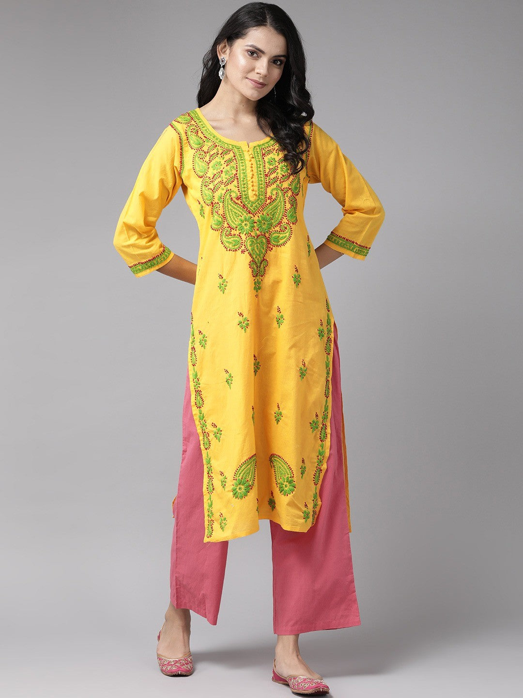 Ada Hand Embroidered Yellow Cotton Lucknowi Chikankari straight Kurta A223631