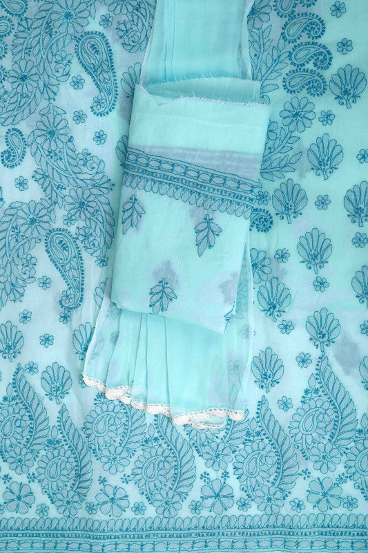Ada Hand Embroidered Light Blue Cotton Lucknowi Chikan Unstitched Suit Piece A211121