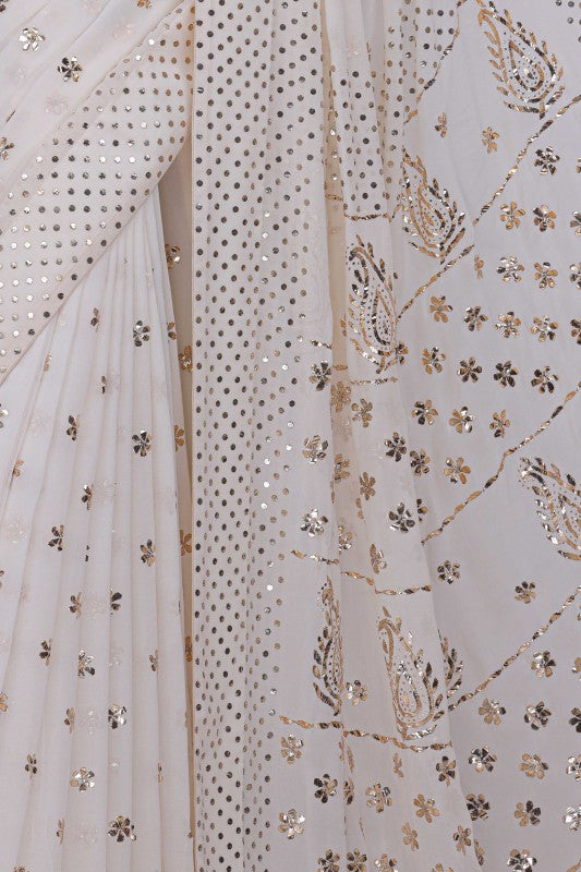 Ada Hand Embroidered Off White Pure Georgette Lucknowi Chikankari Saree/Blouse With Muqaish Work A614207