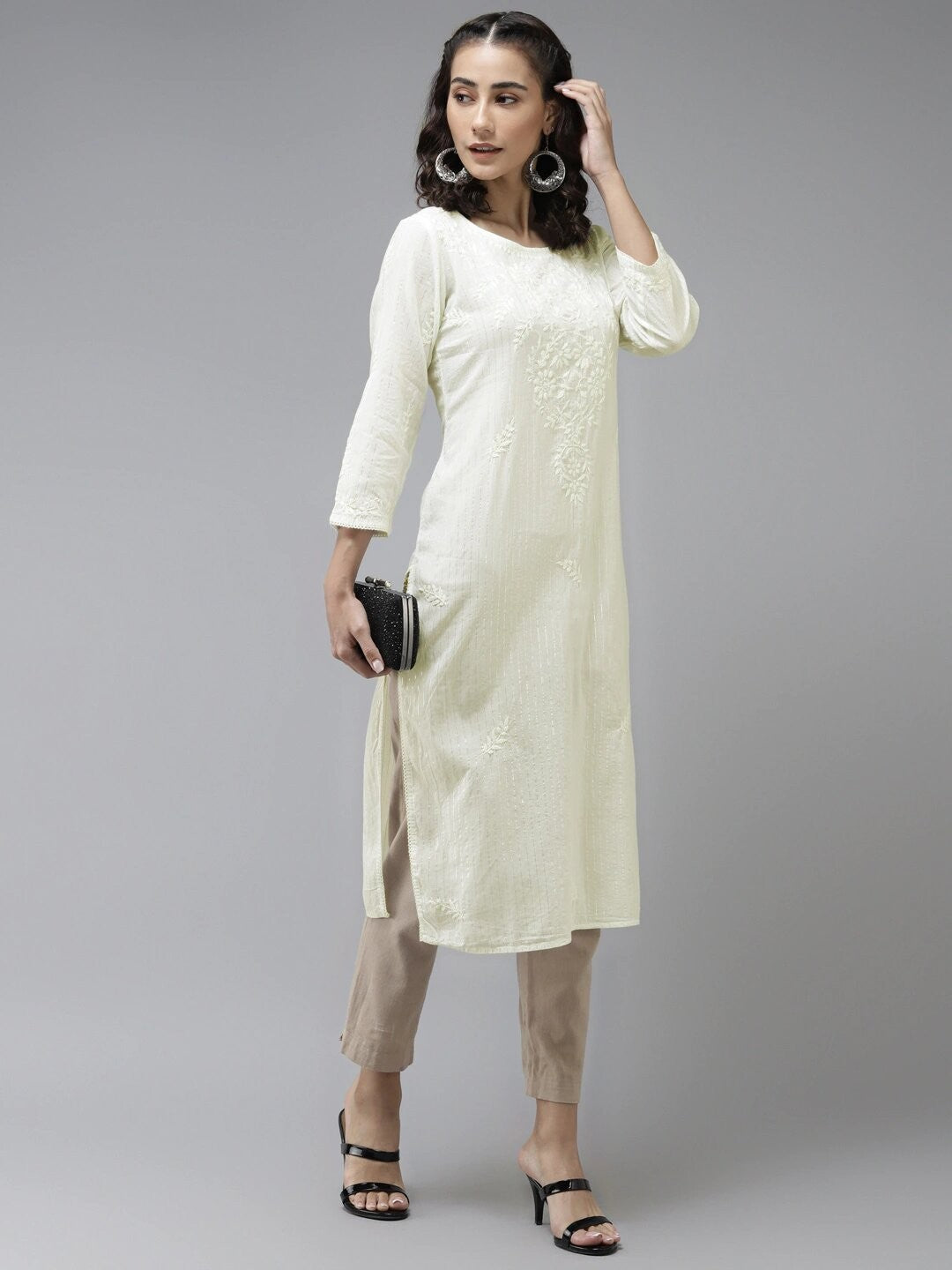 Ada Hand Embroidered Lemon Cotton Lucknow Chikan Straight Kurta A411171