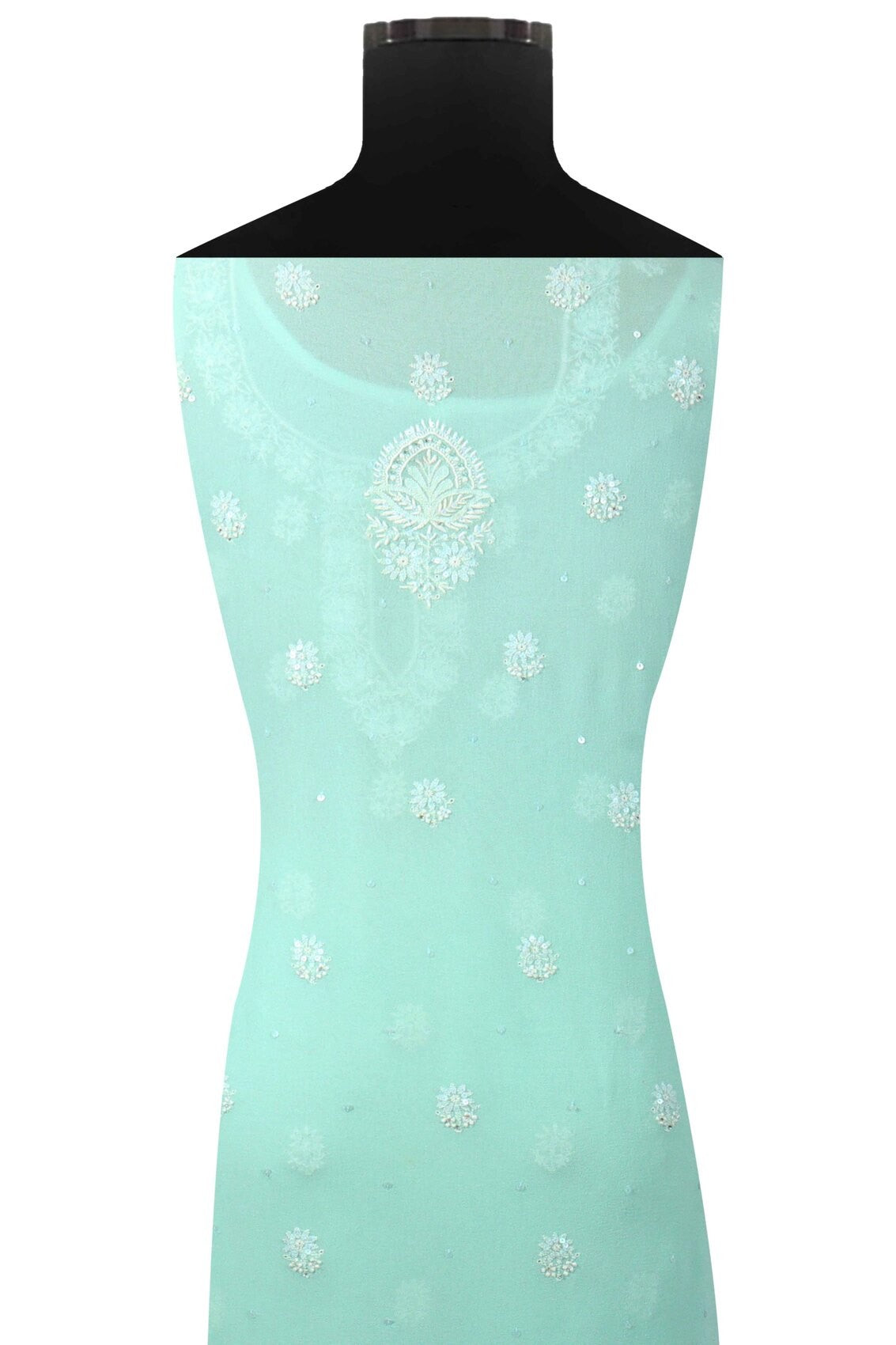 Ada Hand Embroidered Sea Green Pure Georgette Lucknowi Chikankari Unstitched Kurta Piece With Sequinned Work A508033
