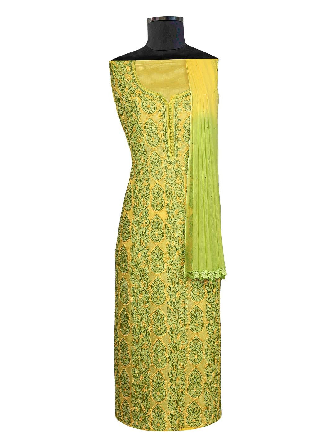 Ada Hand Embroidered Lemon Silk Lucknowi Chikan Unstitched Suit Piece–A608350