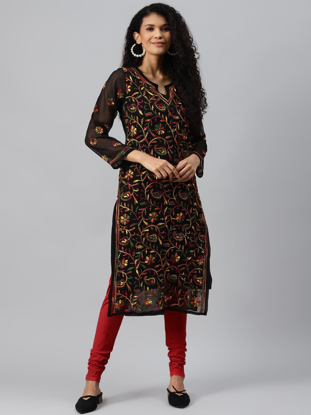 Ada Hand Embroidered Black Georgette Lucknowi Chikankari Straight Kurta Set With Slip A811195