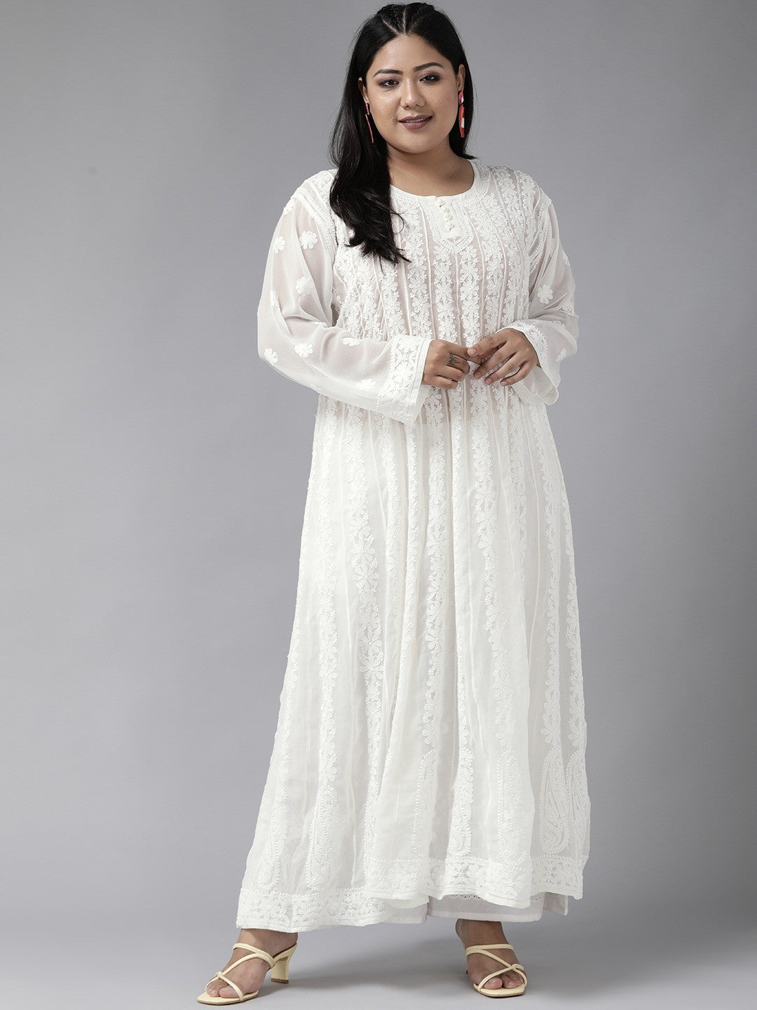 Ada Hand Embroidered White Georgette Lucknow Chikankari Anarkali A-Line Kurta A100300