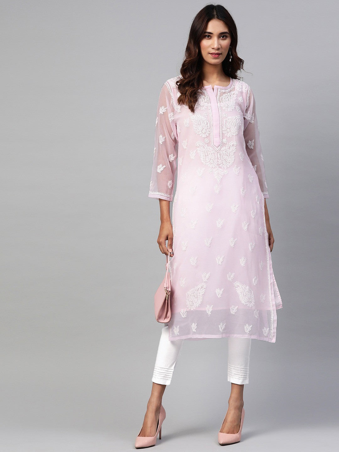 Ada Hand Embroidered Pink Georgette Lucknowi Chikankari Straight Kurta Set With Slip A811162