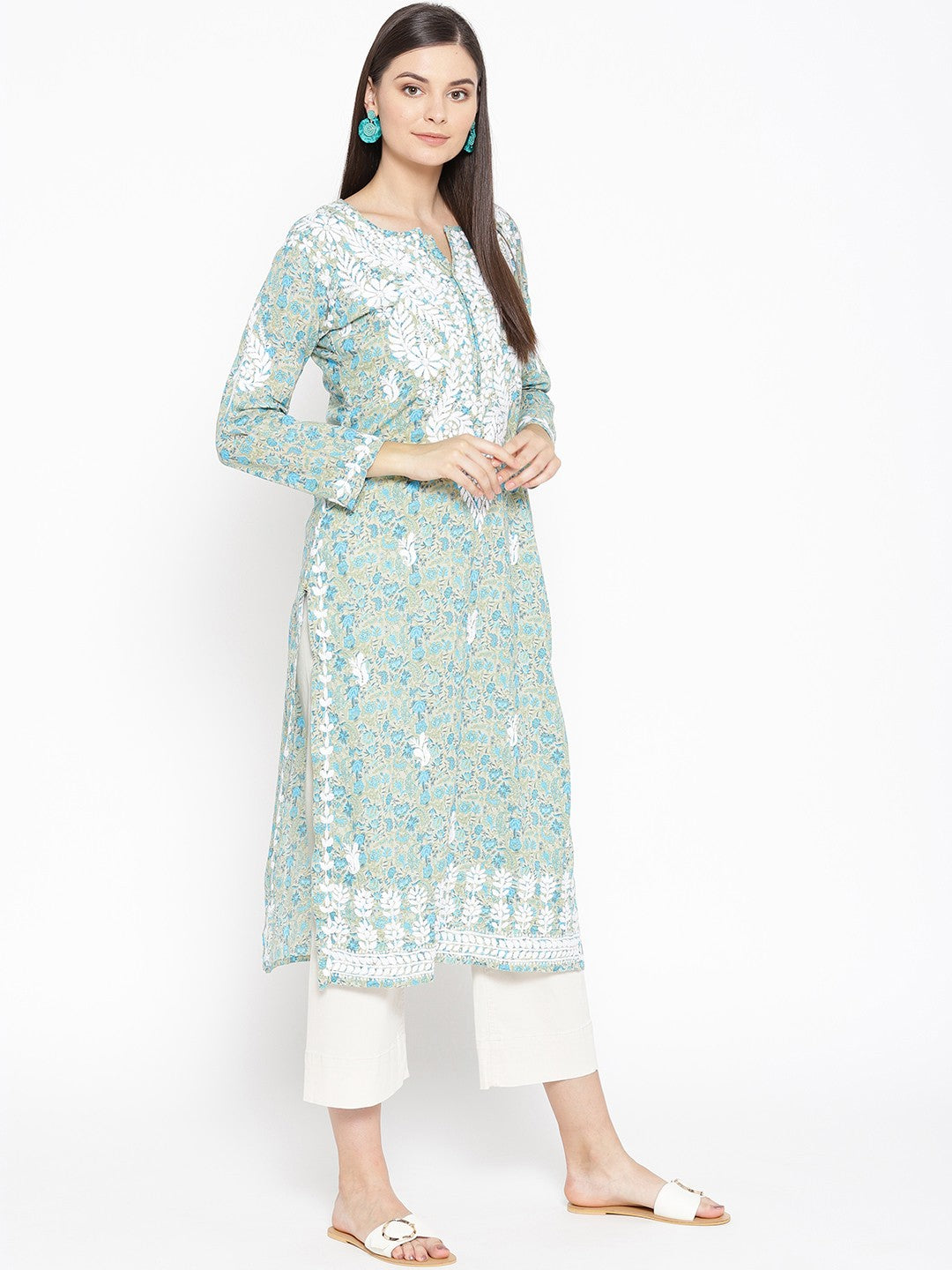 Ada Hand Embroidered Fawn Blue Cotton Lucknow Chikankari Straight Kurta- A100038