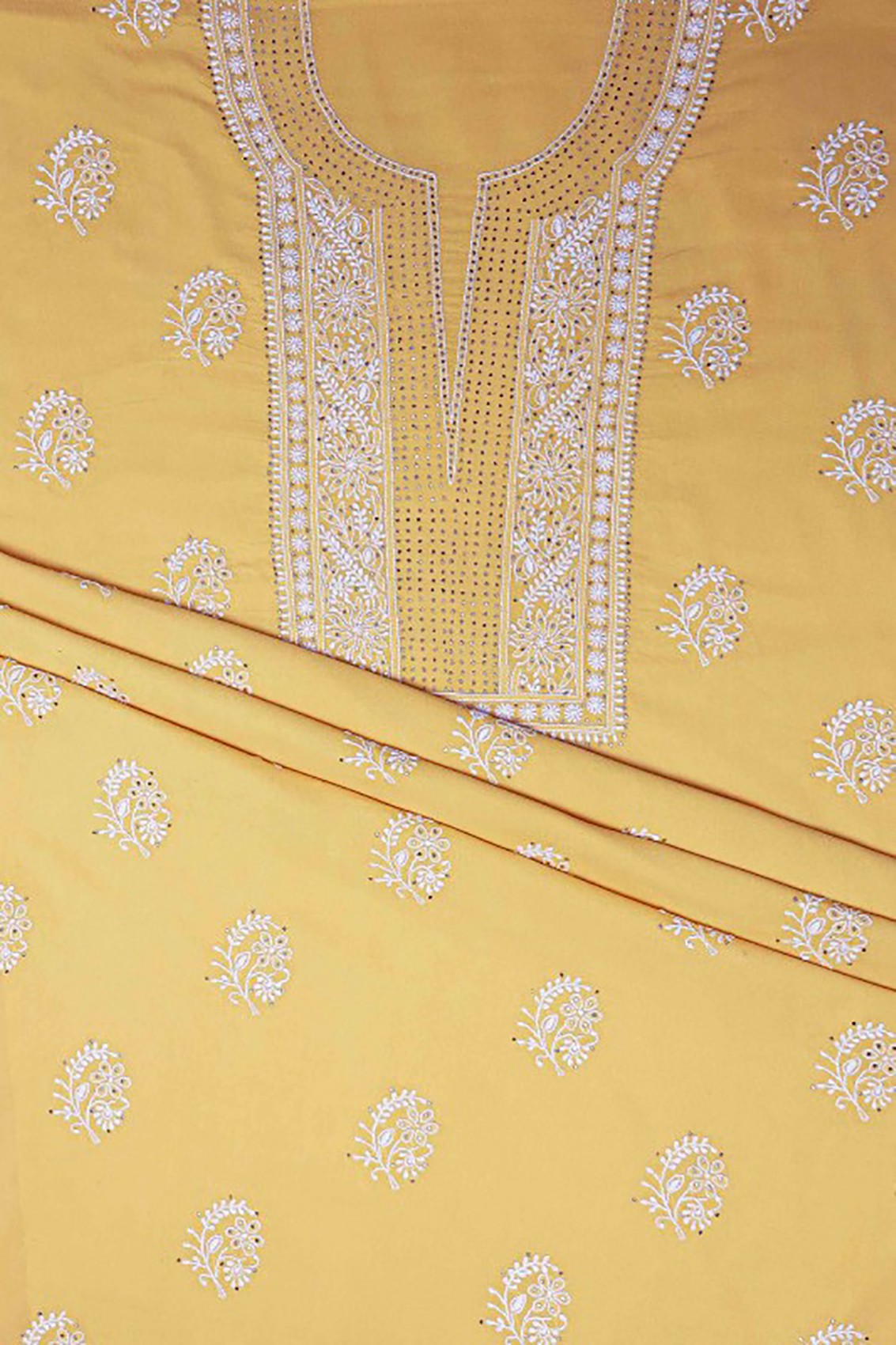 Ada Hand Embroidered Yellow Cotton Lucknowi Chikankari Unstitched Suit Piece With Muqaish Work A577384