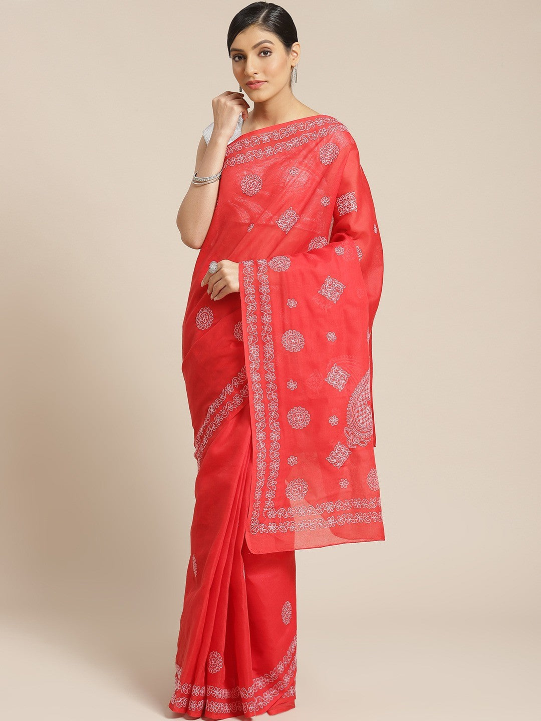 Ada Hand Embroidered Red Cotton Lucknow Chikan Saree With Blouse A311164