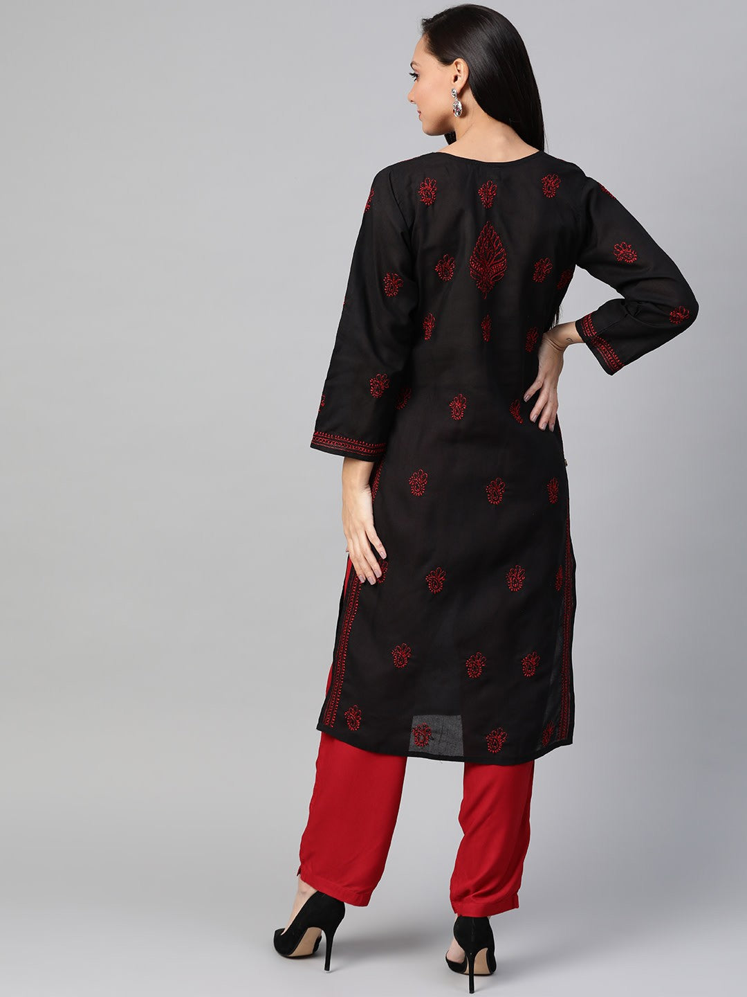 Ada Hand Embroidered Black Cotton Lucknowi Chikankari Straight Kurta A100407