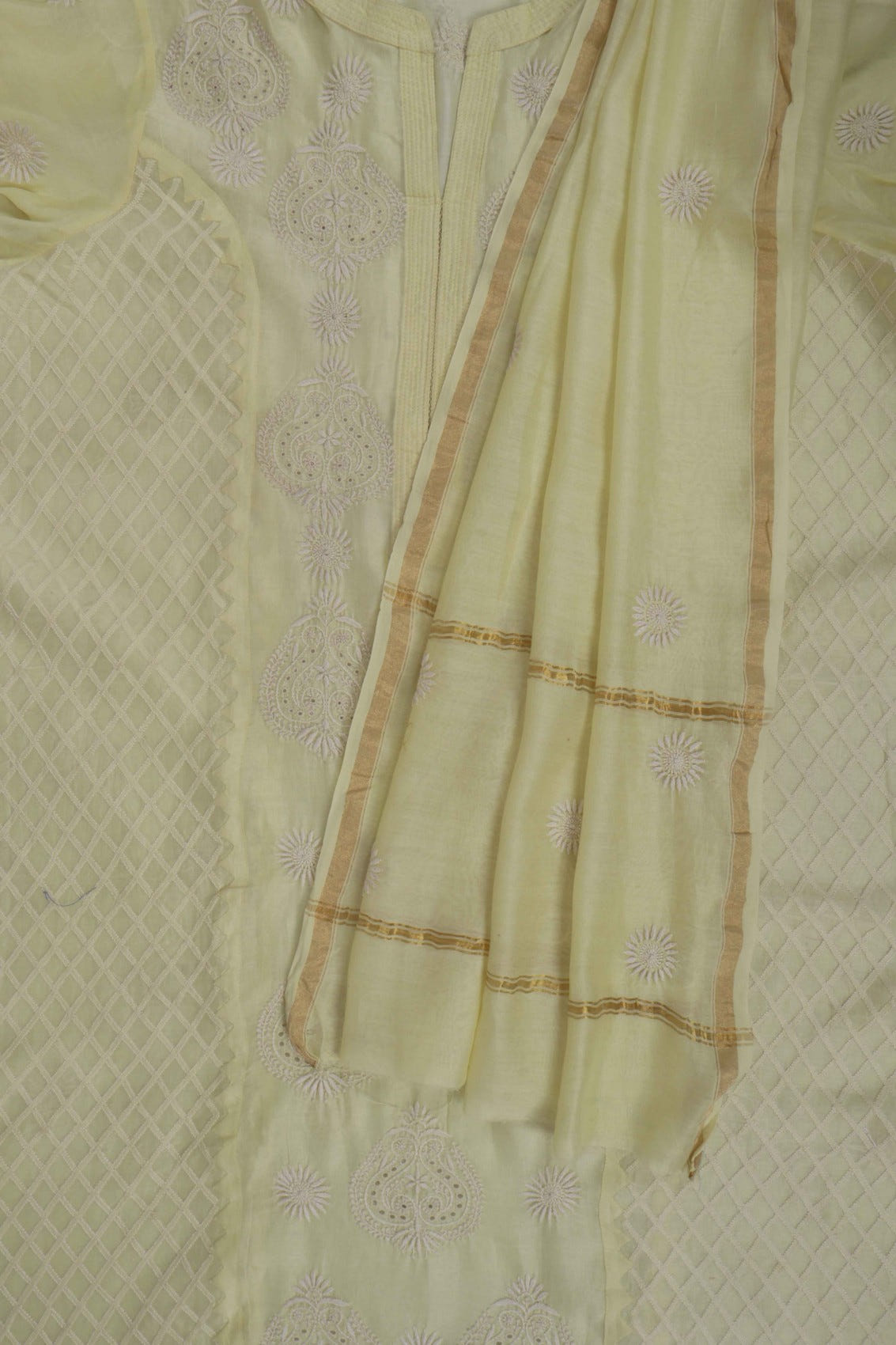 Ada Hand Embroidered Lemon Chanderi Lucknowi Chikankari Semi-Stitched Anarkali Kurta Dupatta Set A497281
