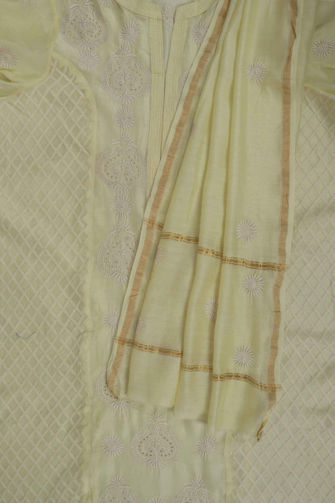 Ada Hand Embroidered Lemon Chanderi Lucknowi Chikankari Semi-Stitched Anarkali Kurta Dupatta Set A497281