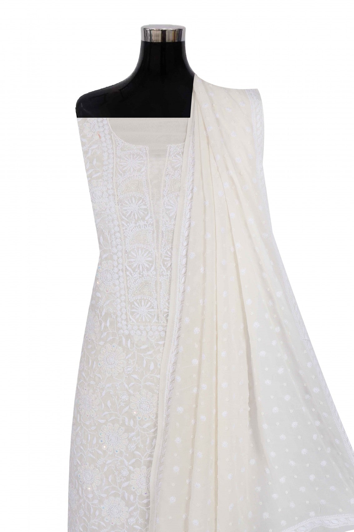 Ada Hand Embroidered White Pure Georgette Lucknowi Chikankari Unstitched Kurta Dupatta Set With Pearl Work 01A186865