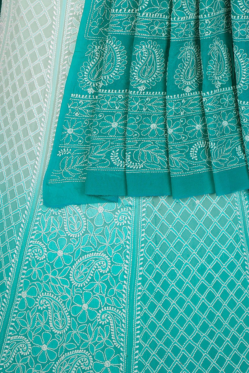 Ada Hand Embroidered Sea Green and White Shaded Pure Georgette Lucknowi Chikankari Lehenga Set A604118