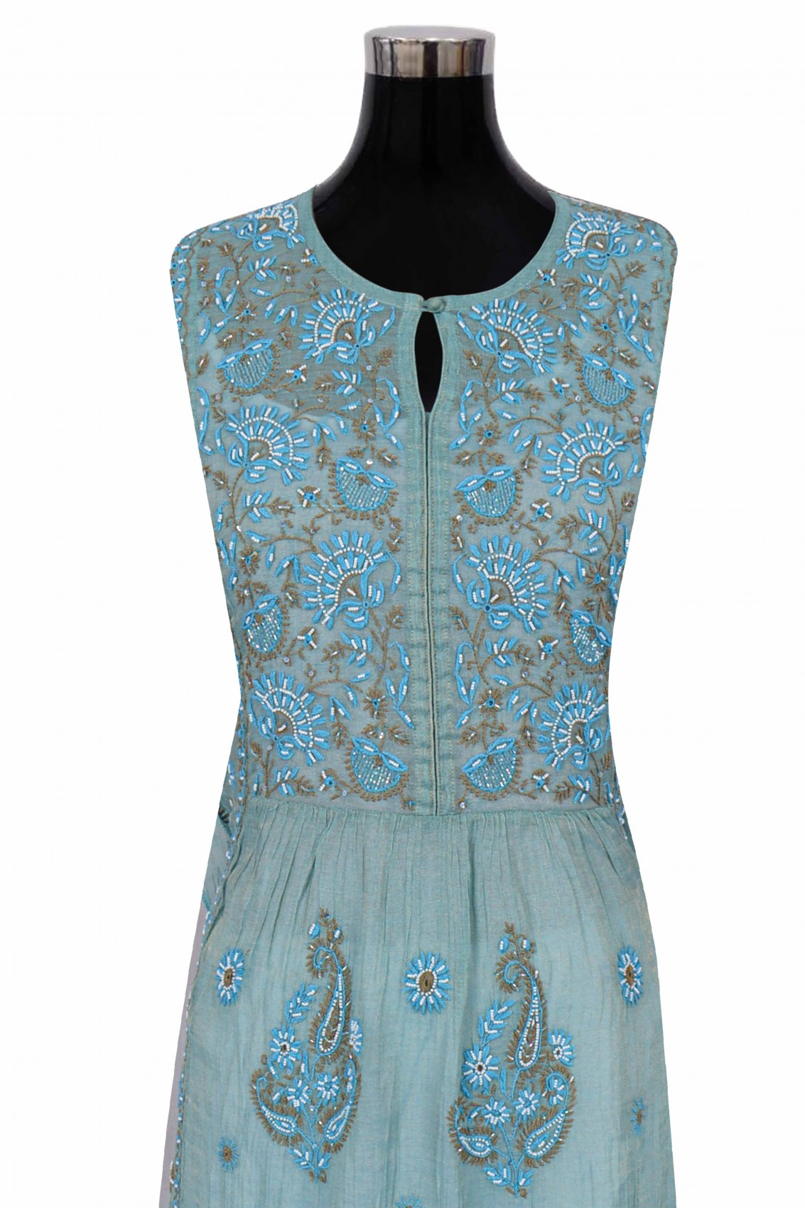 Ada Hand Embroidered Iceberg Blue Chanderi Lucknowi Chikankari Semi-Stitched Anarkali Kurta Dupatta Set With Pearl Work 01A197020