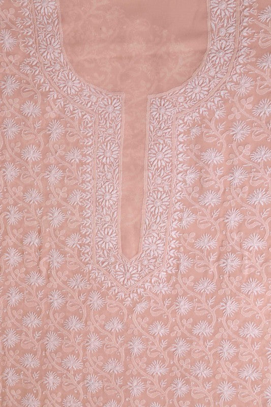 Ada Hand Embroidered Peach Pure Georgette Lucknowi Chikankari Unstitched Kurta Piece A21478