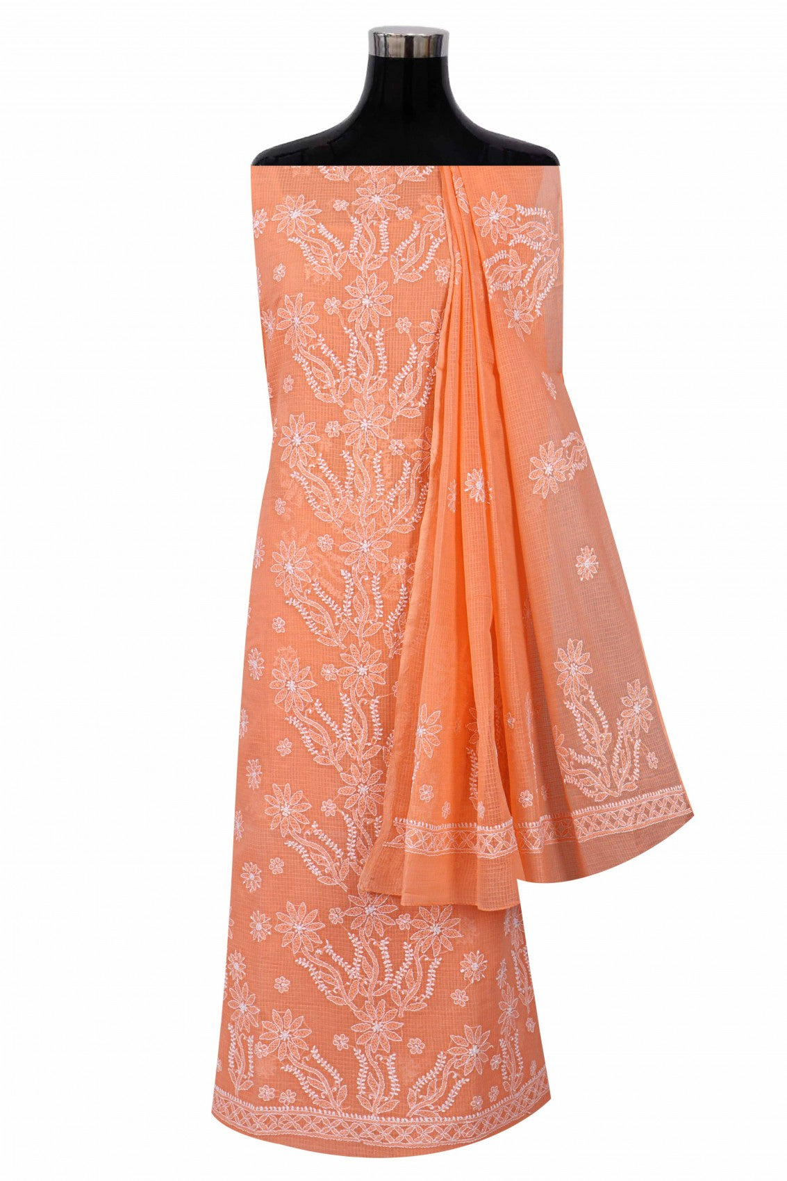 Ada Hand Embroidered Peach Kota Lucknowi Chikan Unstitched Kurta Dupatta Set A596911