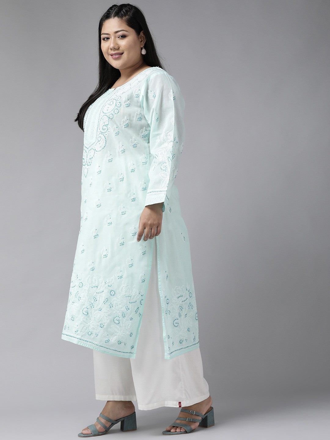 Ada Hand Embroidered Blue Cotton Lucknowi Chikankari Straight Kurta A227196