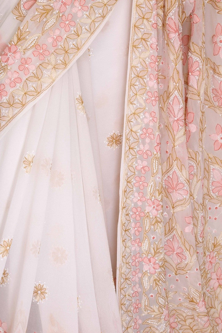 Ada Hand Embroidered Off White Georgette Lucknowi Chikankari Saree with Blouse A610322