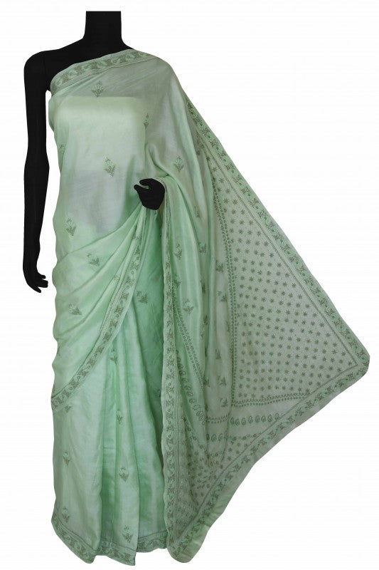 Ada Hand Embroidered Sea Green Silk Lucknowi Chikankari Saree With Blouse-A608646