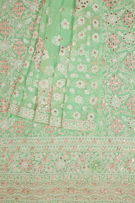 Ada Hand Embroidered Mint Green Georgette Lucknowi Chikan Unstitched Kurta Dupatta with Gota Patti Work A406297