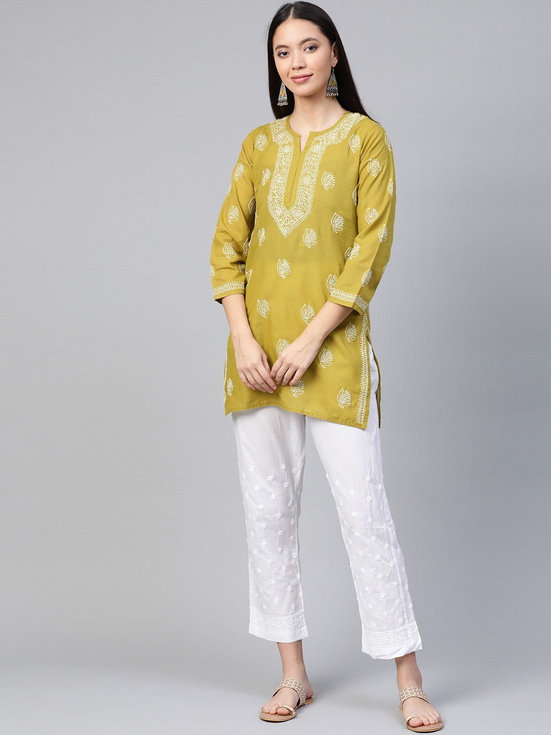 Ada Hand Embroidered Green Cotton Lucknowi Chikankari Short Kurti A210822