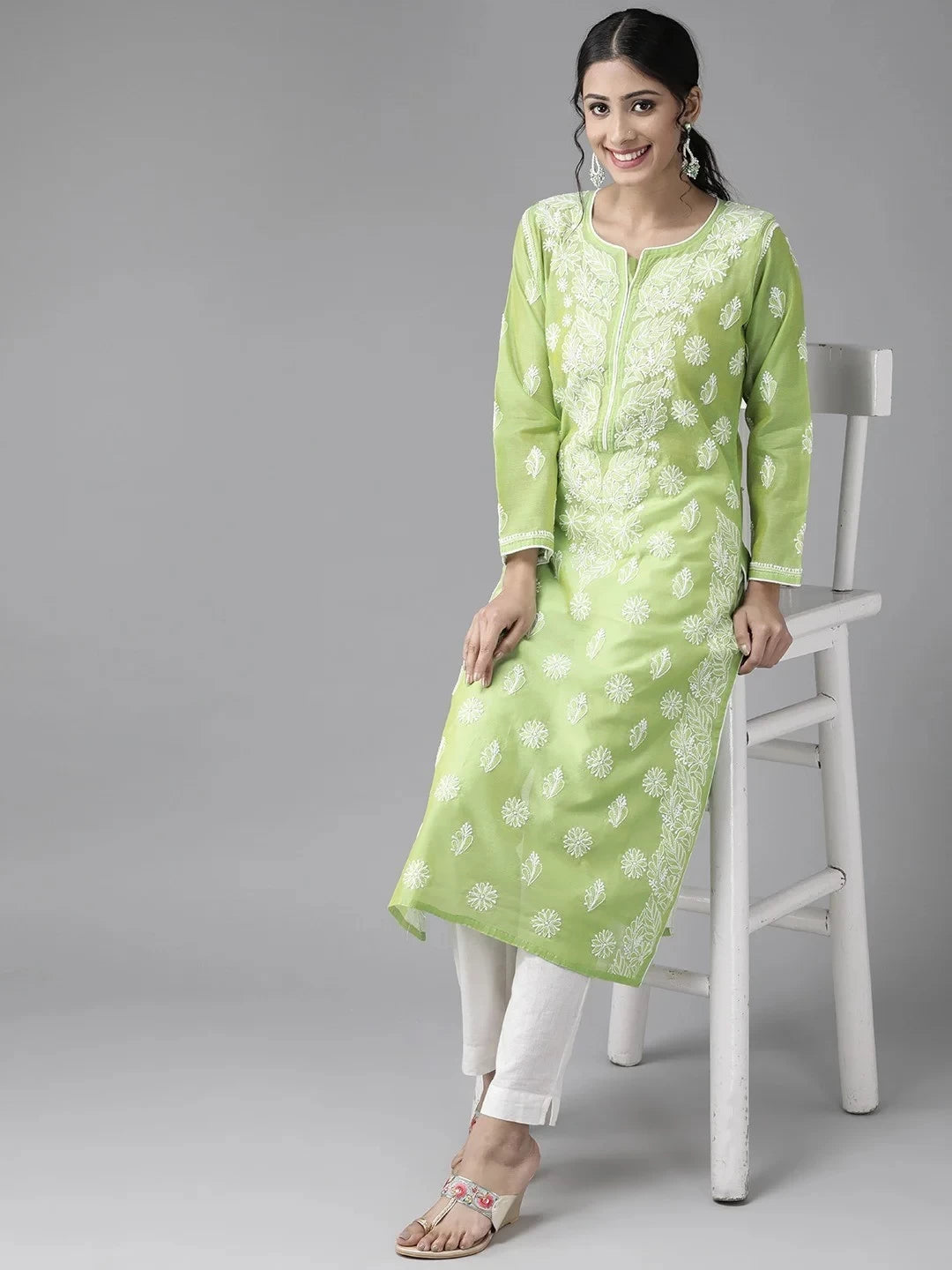 Ada Hand Embroidered Green Chanderi Lucknowi Chikankari Straight Kurta  A411174