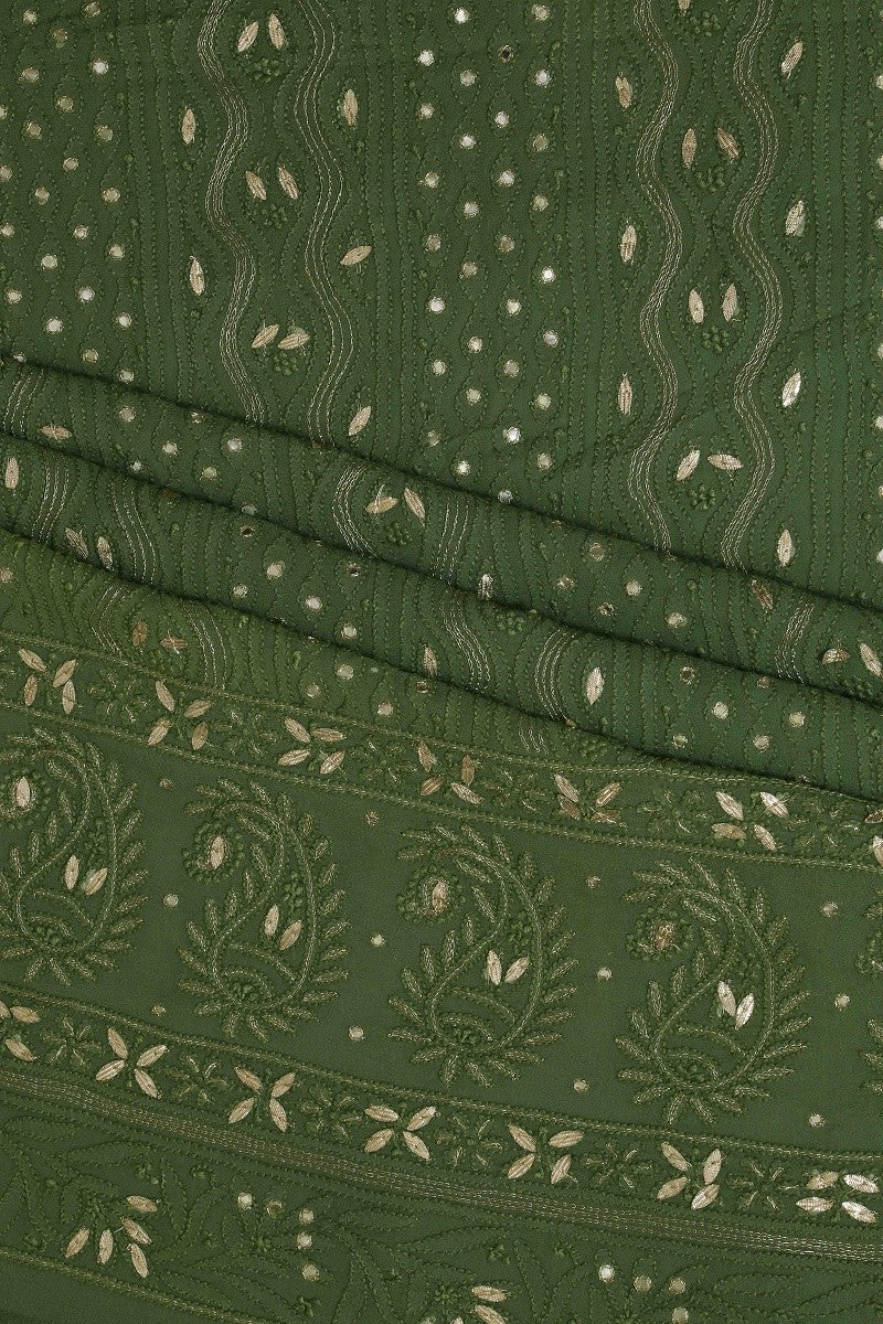 Ada Hand Embroidered Olive Green Georgette Lucknowi Chikan Unstitched Kurta Piece with Gota Patti Work A482677