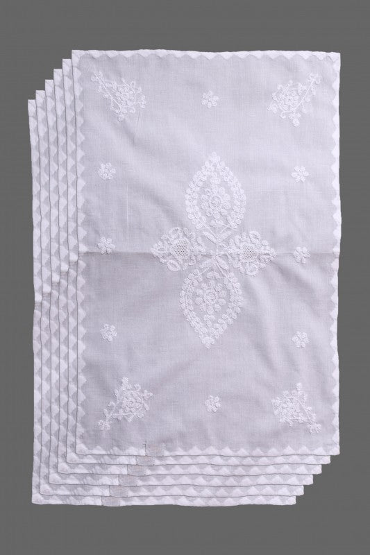Ada Hand Embroidered White Cotton Lucknowi Chikankari Dining Table Runner Set A62406