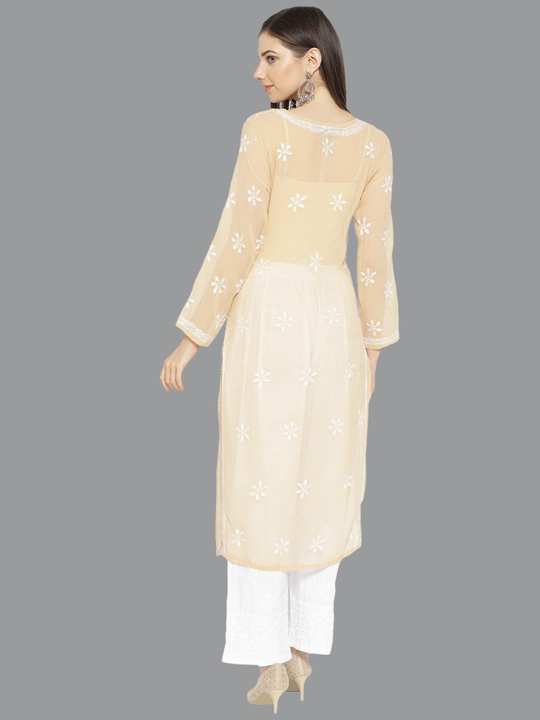 Ada Hand Embroidered Beige Georgette Lucknowi Chikankari Kurta/Palazzo with Slip A100022