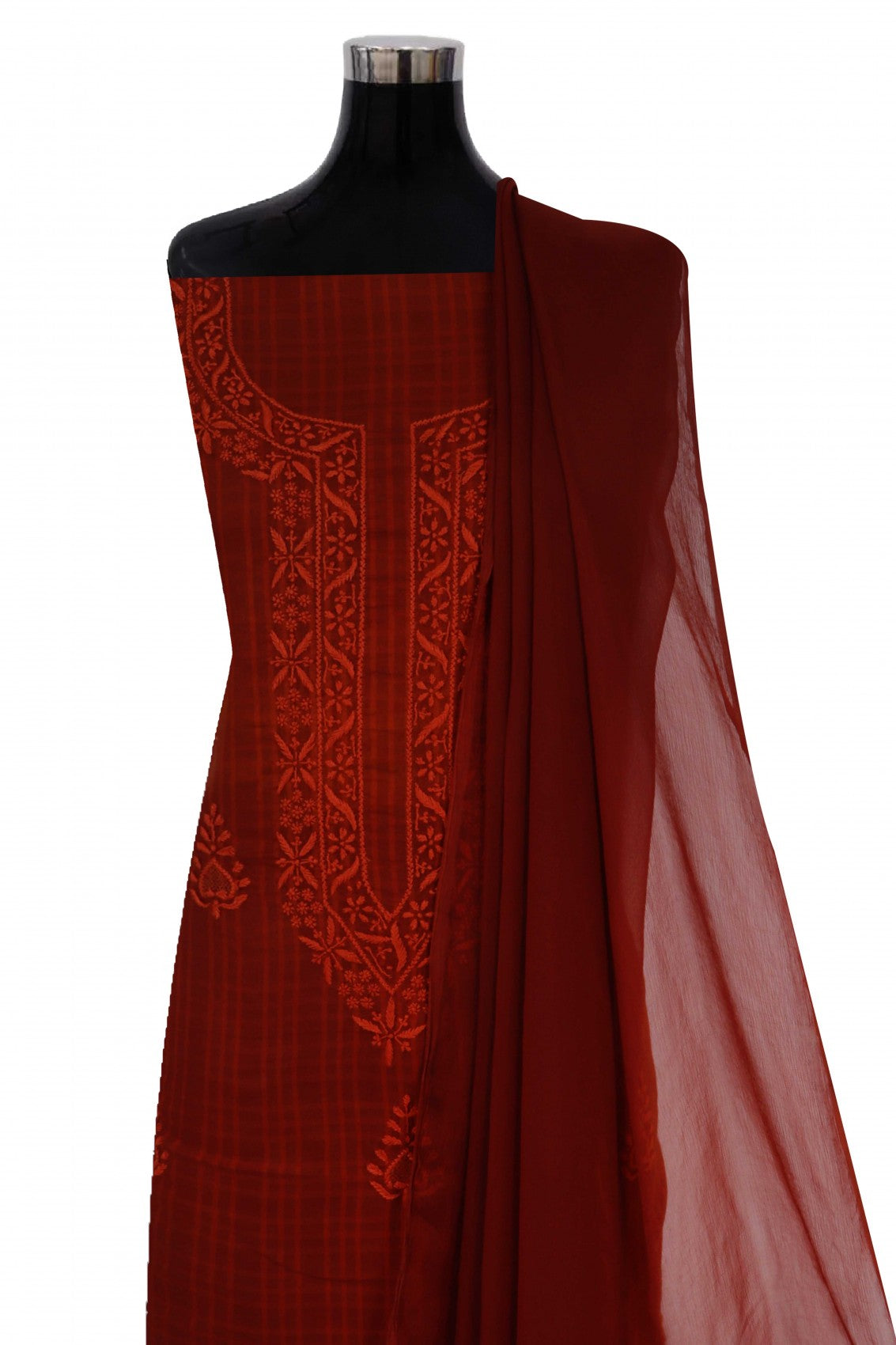 Ada Hand Embroidered Amber Rust Cotton Lucknowi Chikan Unstitched Suit Piece A93234