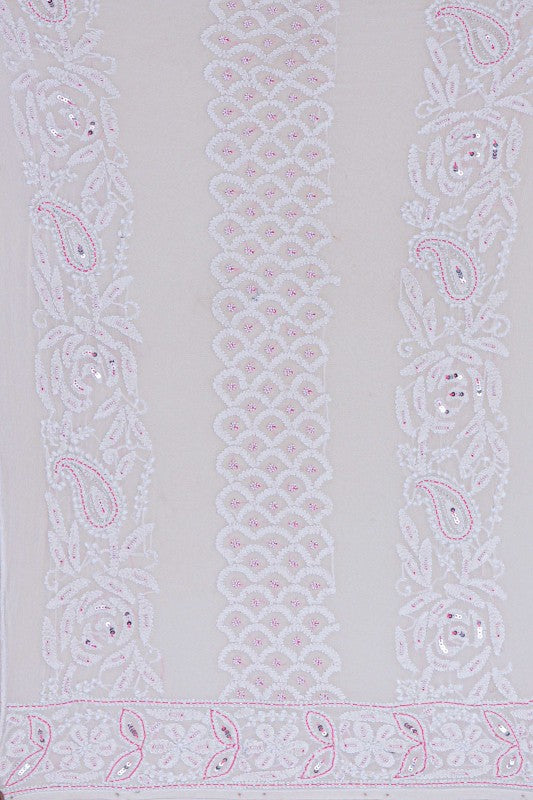 Ada Hand Embroidered White Pure Georgette Lucknowi Chikankari Semi-stitched Anarkali Kurta Dupatta Set With Sequinned & Pearl Work- A623655