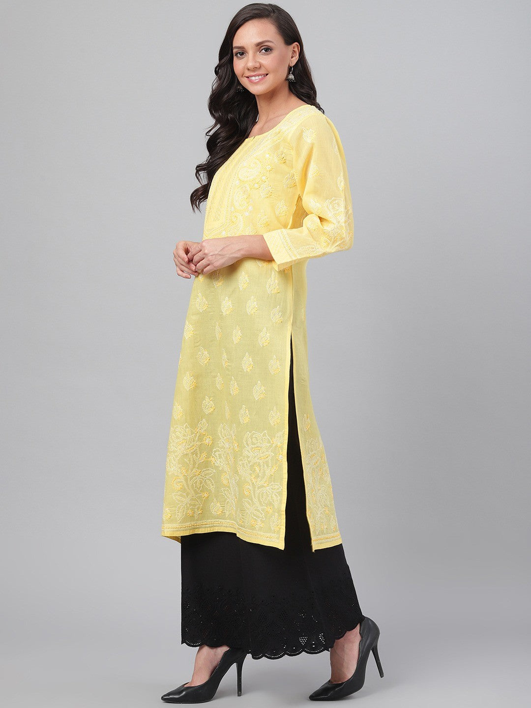 Ada Hand Embroidered Yellow Cotton Lucknowi Chikankari Straight Kurta A229829