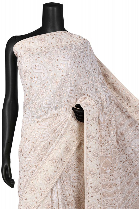 Ada Hand Embroidered White Pure Georgette Lucknowi Chikankari Saree/Blouse with Zari Work A612189