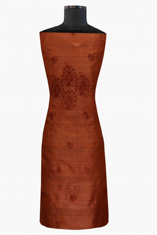 Ada Hand Embroidered Rust Tusser Silk Lucknowi Chikan Unstitched Kurta Piece-A508360