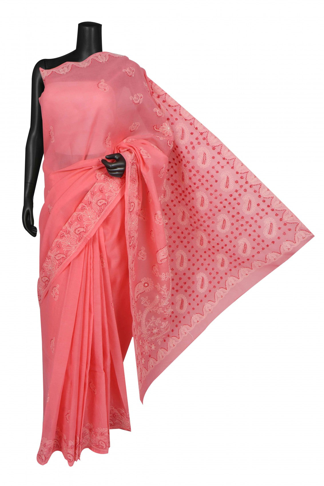 Ada Hand Embroidered Carrot Pink Cotton Lucknowi Chikankari Saree With Blouse A578170