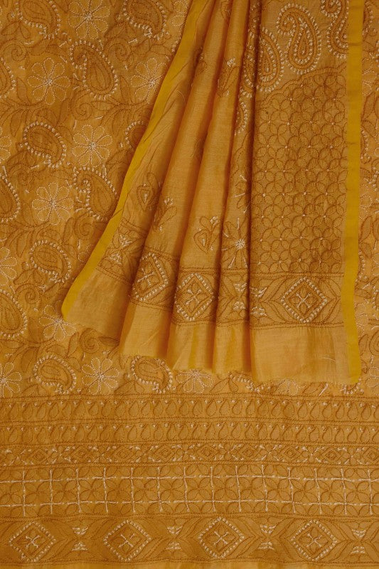 Ada Hand Embroidered Mustard Chanderi Lucknowi Chikan Unstitched Kurta Dupatta Set - A609611