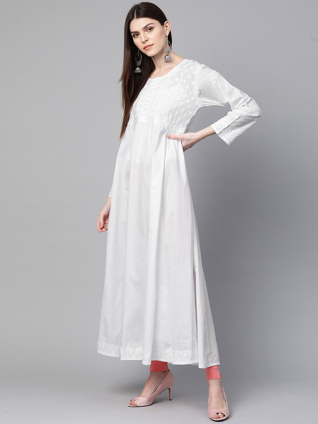 Ada Hand Embroidered White Cotton Lucknowi Chikankari A-line Kurta A100419