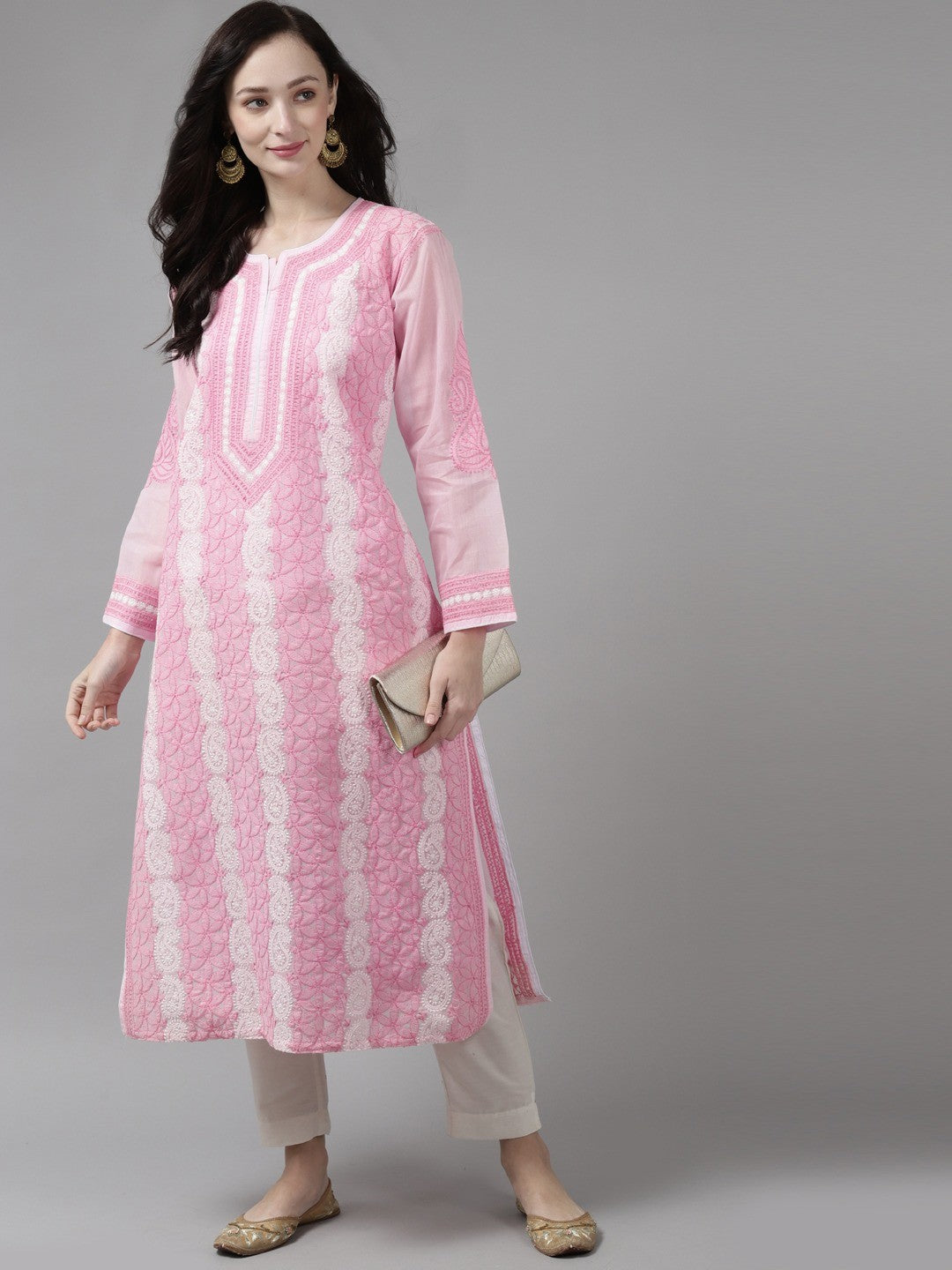 Ada Hand Embroidered Pink Cotton Lucknow Chikan Kurta- A411258