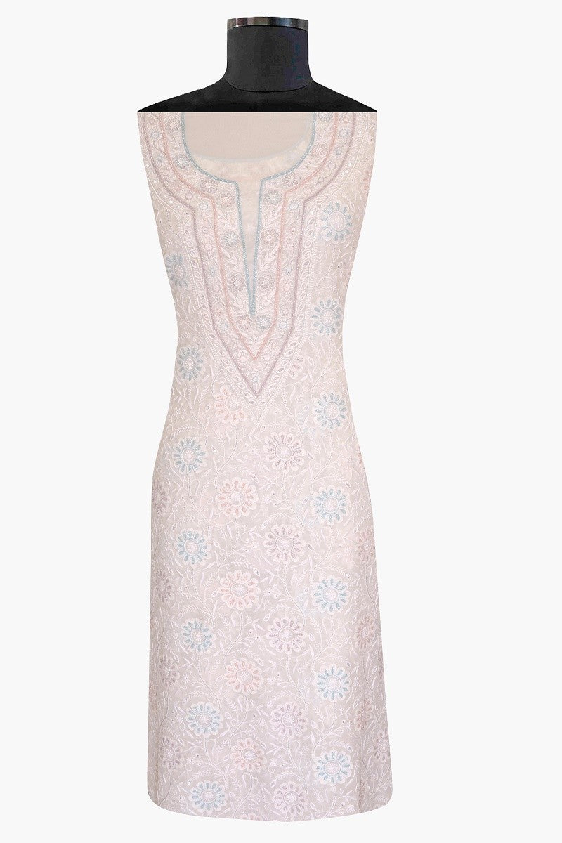 Ada Hand Embroidered White Pure Georgette Lucknowi Chikan Unstitched Kurta Dupatta Set With Pearl & Sequinnned Work-A453585