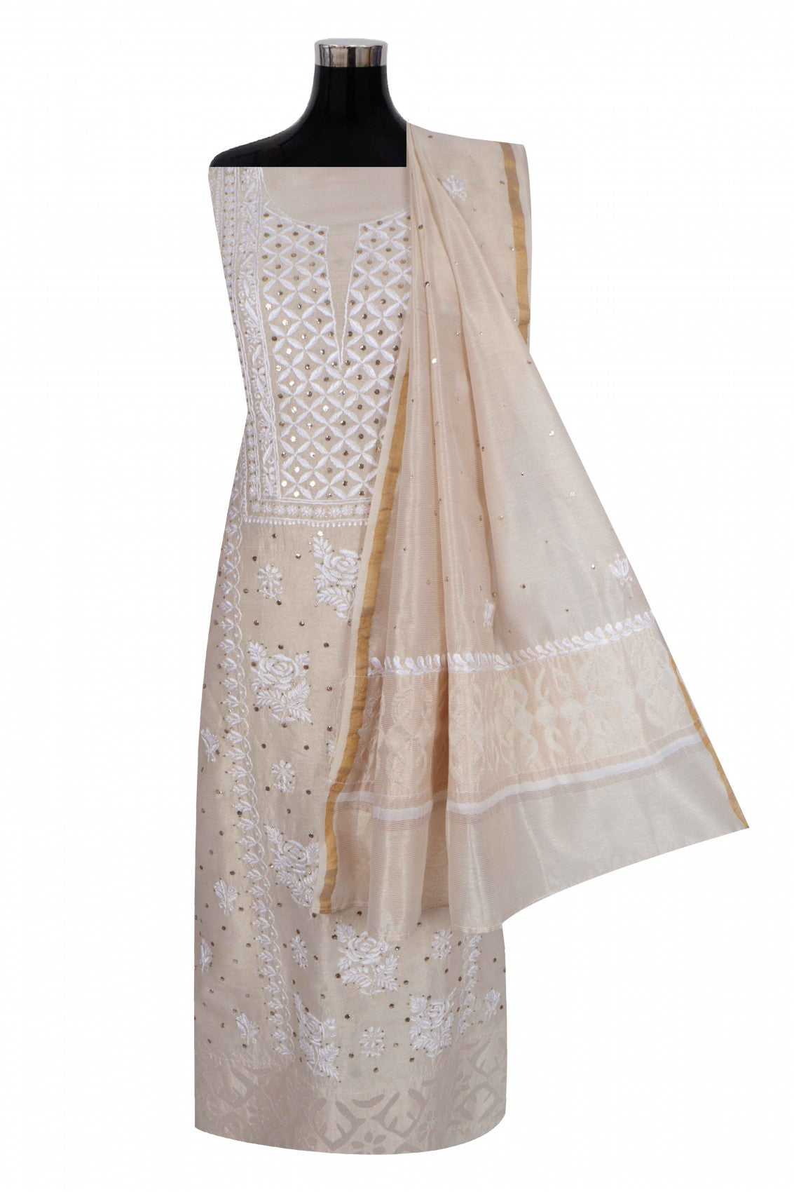 Ada Hand Embroidered Fawn Silk Lucknowi Chikankari Unstitched Kurta Dupatta Set With Muqaish Work 01A243066