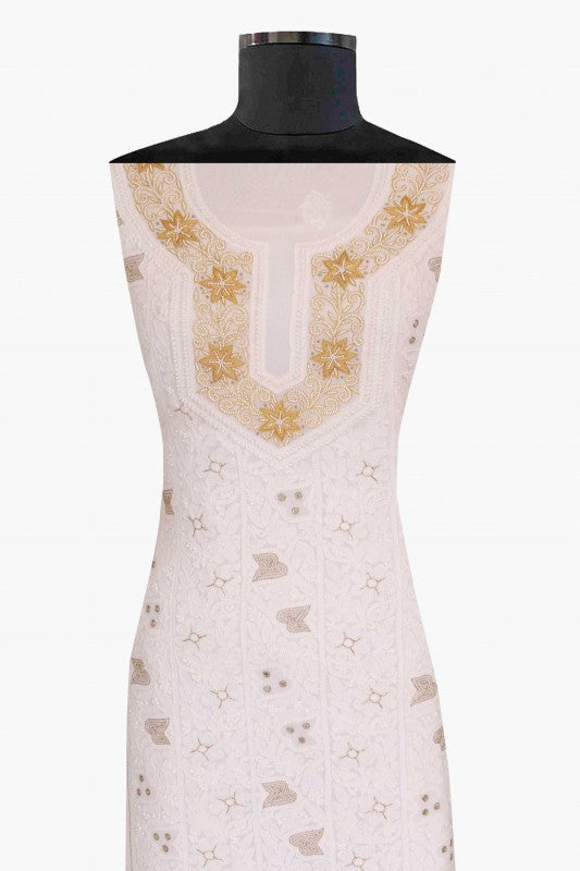 Ada Hand Embroidered White Georgette Lucknowi Chikan Unstitched Kurta Piece with Pearl Work A501433