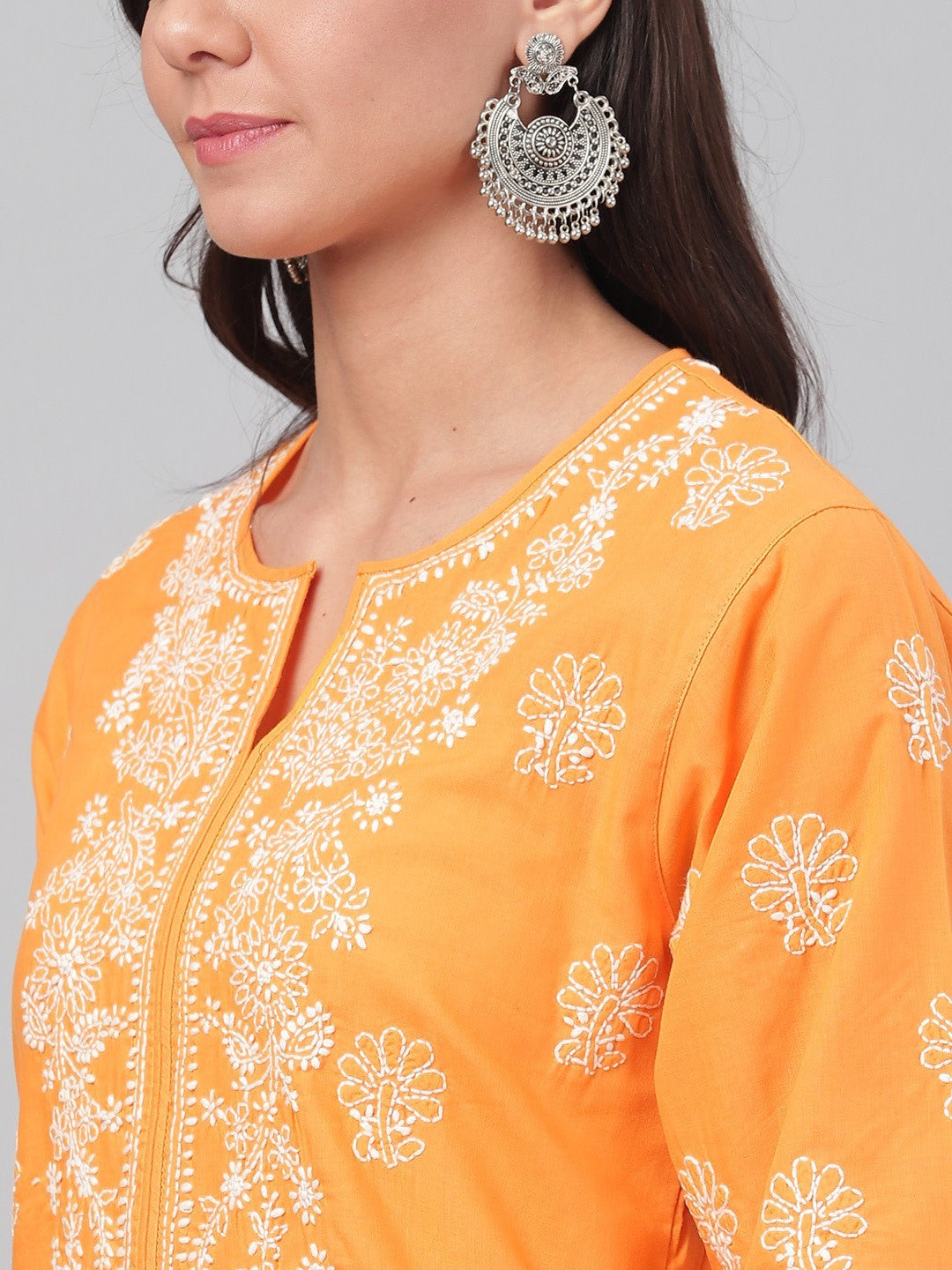Ada Hand Embroidered Mustard Cotton Lucknowi Chikankari Straight Kurta A100472