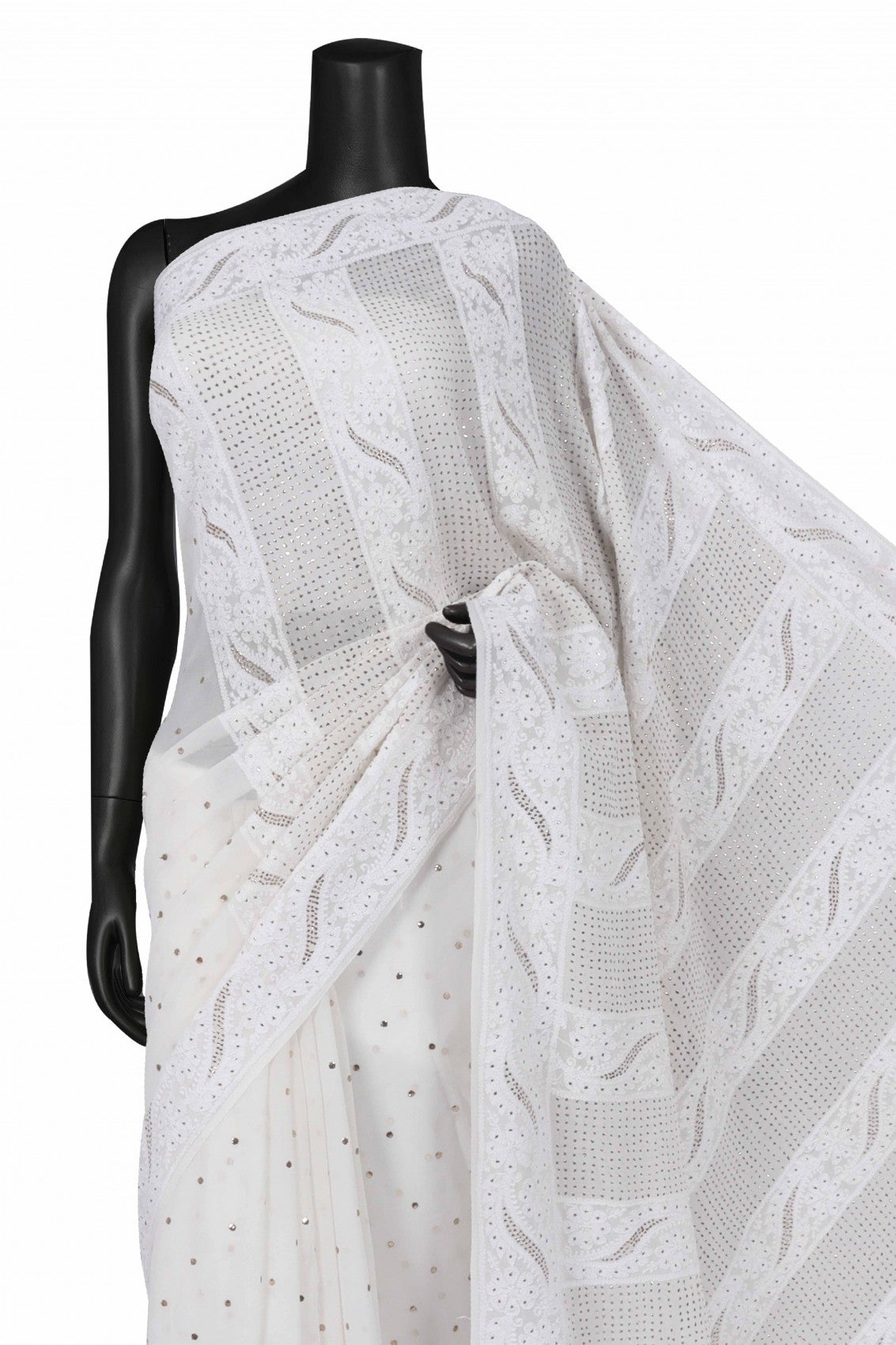 Ada Hand Embroidered Off White Viscose Georgette Lucknowi Chikankari Saree/Blouse With Muqaish Work A583626
